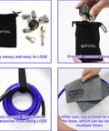 Assorted accessories for 100 Ft Sewer Jetter Kit For Pressure Washer With 5800 PSI Drain Cleaner Hose shown with purple hose and carrying pouch.