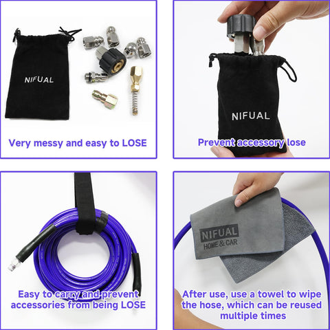 Assorted accessories for 100 Ft Sewer Jetter Kit For Pressure Washer With 5800 PSI Drain Cleaner Hose shown with purple hose and carrying pouch.