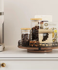 9 Inch Lazy Susan Turntable Organizer for Tabletop and Cabinet Round Rustic Wooden Tray with metal edge, displaying snacks