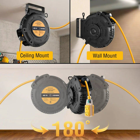 Heavy Duty 40 Foot 10 Gauge Retractable Extension Cord Reel 20A 125V SJTOW Power Cord ETL Listed With NEMA 5 15R And 5 20R Receptacles Built Tough For Generators Welders Saws Vacuums Heaters And Heavy Tools ceiling and wall mount views