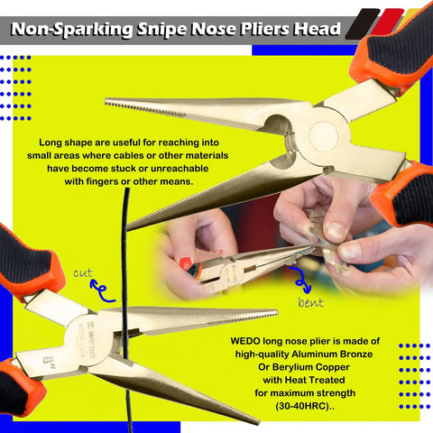 Close-up of non-sparking snipe nose pliers from Non-Sparking 17-Piece Tool Set For Pro Grade Electrician Work With Beryllium Copper Construction.