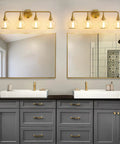 Hot Gold 4 Light Vanity Light Fixture Over Mirror With Clear Glass Globe Shades 30.7 Inch Wall Sconce Bath Lighting For Master Bathroom Bulbs Not Included above double sinks