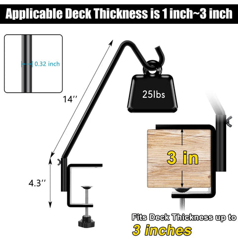 Heavy Duty 14 Inch Deck Hooks 2 Pack Bird Feeder Hangers For Rails Fits 1 To 3 Inch Thick Decks Black Powder Coated Steel