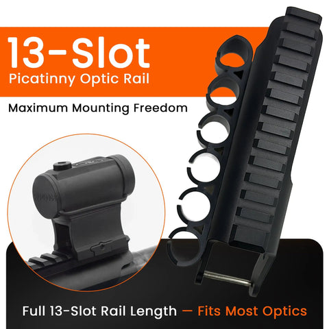 Side Saddle Shotgun Shell Holder V2 6-Shell Pouch shown with 13-slot Picatinny optic rail for maximum mounting freedom.