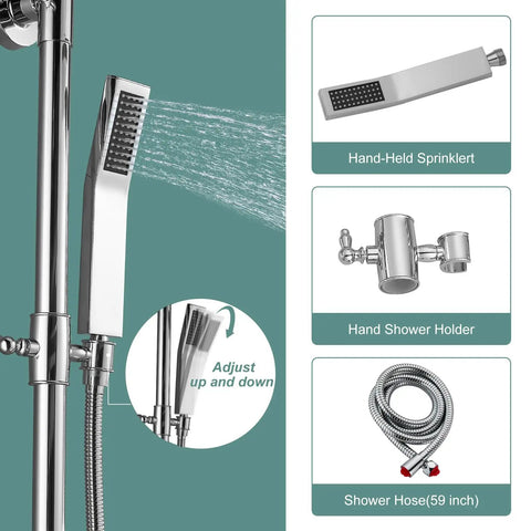 Dope Polished Chrome Exposed Shower System With 8 Inch Square Rainfall Shower Head And Hand Sprayer Wall Mounted Solid Brass