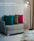 Modern Black LED Floor Lamp That Shines Brighter For Cozy Living Room Ambiance beside a couch showing color temperatures.