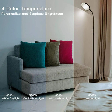 Modern Black LED Floor Lamp That Shines Brighter For Cozy Living Room Ambiance beside a couch showing color temperatures.