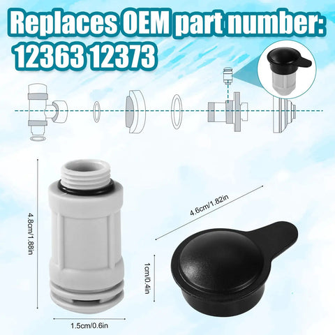 Diagram with Two Pack Air Jet Valve And Cap Replacement For Above Ground Pools, showing valve and cap dimensions.