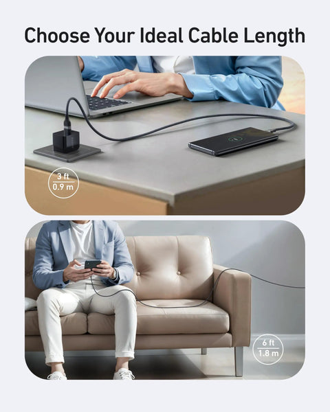 3ft and 6ft black USB cables charging devices, demonstrating length adaptability for CarPlay and iPhone versatility