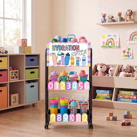 Hydration Station Top Notch Classroom Rolling Cart With 3 Tier Plastic Bottle Organizer in a classroom setting, Black.