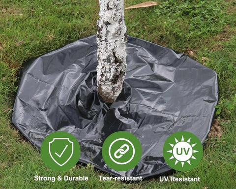 Heavy Duty Black Plastic Sheeting 4 Mil Weed Barrier for Gardens and Landscaping used as ground cover around a tree trunk