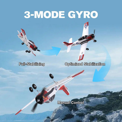 Beginner Friendly Easy To Fly T 28 RC Plane With Three Flight Modes And One Key Return showing 3-mode gyro in sky