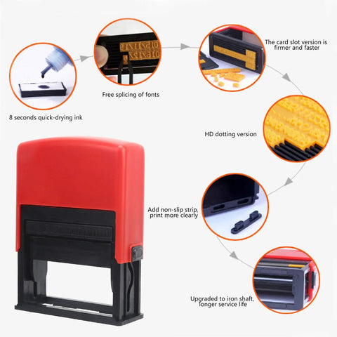 Compact Pro Grade Date Code Ink Stamp Tool With Solid Font Options For Industrial Control Supplies Fast Dependable Printing On Labels And Parts Long Lasting Font Stability For Up To Ten Years red stamp body with font and ink details