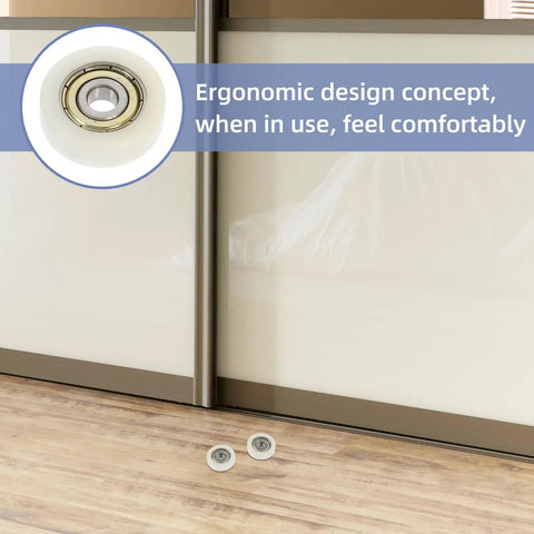 Rock Solid Replacement Sliding Door Wheels With Heavy Duty Nylon And Steel Build Ultra Quiet Zero Friction Caster Rollers in close up on door track.