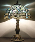 Lit Tiffany Style Sea Blue Stained Glass Table Lamp With Dragonfly Motif 12 Inch Wide Shade 18 Inch Tall Desk Reading Light