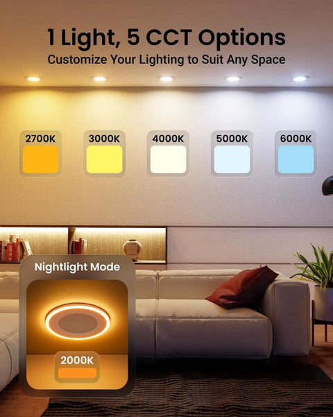 Sunco 24 Pack 6 Inch LED Recessed Lighting Retrofit with Night Light, showing 5 CCT options and 2000K night light function.