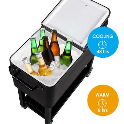 80 Quart Rolling Ice Chest On Wheels Portable Party Bar Cart with bottles and ice partially open