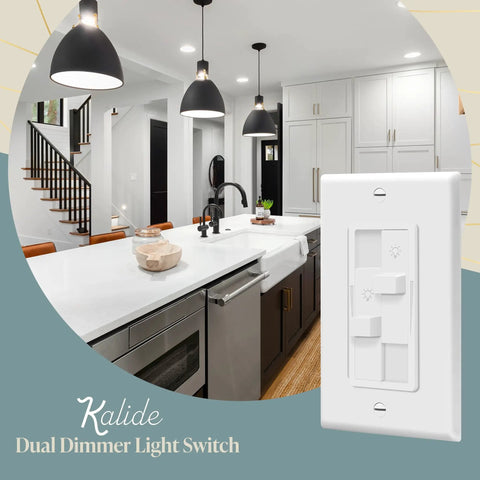 Kalide Dual Load Dimmer Light Switch with full range dimming for LED and CFL bulbs, white finish, shown in kitchen setting