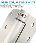 Close-up of a single matte silver spring-loaded hinge with eight holes showing the closed axis and flexible mute feature, 4 Inch Self Closing Door Hinges 3 Pack Matte Black Spring Loaded Hinge Kit For Residential Doors And Gates Easy Install Durable Steel Construction Heavy Duty Quiet Close Auto Door Closer Wide 8 Hole Mount Smooth Operation.