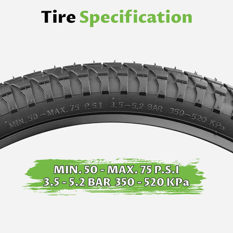 Close-up of sidewall details on 2 Pack 20 Inch Bike Tires Set With 20x2.1 And 20x2.0 Inner Tube Options showing PSI specifications.