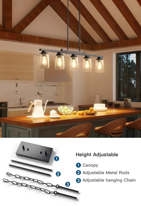 Straight Up Modern Farmhouse 5 Light Dining Room Chandelier With Dope Seeded Glass Shades Galvanized Steel Island Ceiling Fixture Lighting Top Shelf Kitchen Vibes in a kitchen with adjustable height.