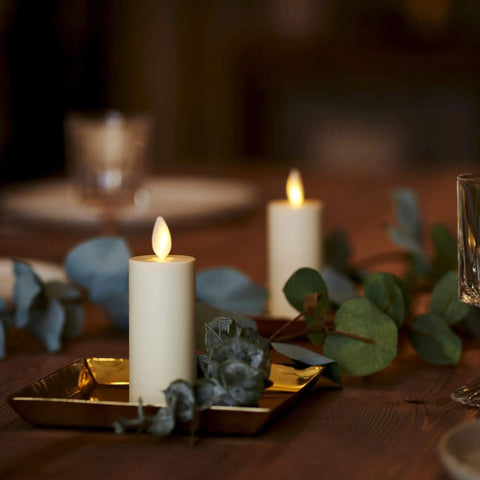 Realistic Moving Flame Votive Candles Set Of 2 With Moving Flame LED Battery Powered Lights, ivory on dining table with greenery