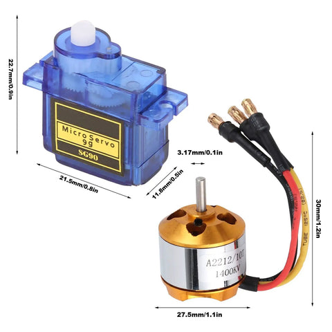Close-up view of SG90 9G Micro Servo and 2212 1400KV Brushless Motor from High Performance RC Helicopter Fixed Wing Set