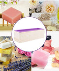 DIY Soap Making Cutting Kit With Two Purple Silicone Molds In Wood Boxes Adjustable Wood Cutter And Stainless Steel Wavy And Straight Scrapers For Quick Hands On Soap Crafting in a collage with examples of handmade soaps and ingredients.