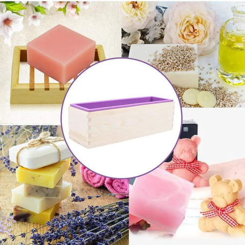 DIY Soap Making Cutting Kit With Two Purple Silicone Molds In Wood Boxes Adjustable Wood Cutter And Stainless Steel Wavy And Straight Scrapers For Quick Hands On Soap Crafting in a collage with examples of handmade soaps and ingredients.
