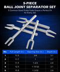 Five Piece Pickle Fork Tool Set For Ball Joints Tie Rods Pitman Arms Removal with size chart on blue background