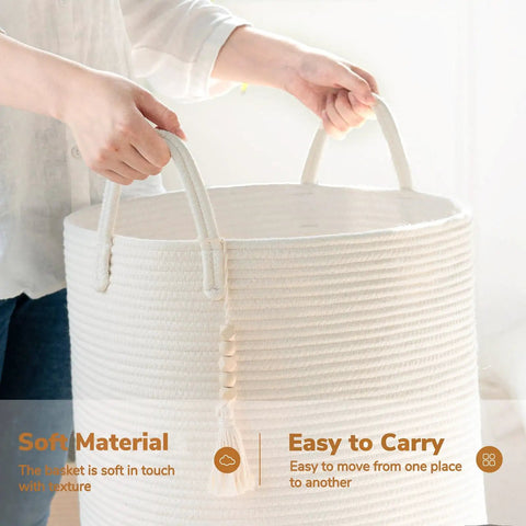 Person holding White Laundry Basket With Handles, Tall Woven Hamper For Clothes And Towels, Holds A Week Of Laundry, 16 By 20 Inches