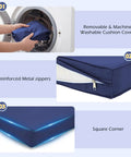 Close-up views of 14 Piece Outdoor Patio Cushion Set showing removable covers, metal zippers, and square corners in navy blue.