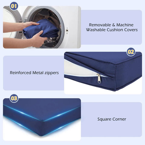 Close-up views of 14 Piece Outdoor Patio Cushion Set showing removable covers, metal zippers, and square corners in navy blue.