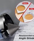 Diamond Chamfer Bit Set For Angle Grinder M14 Thread And Hex Shank Three Piece Two Inch Three Quarter Inch Diamond Finger Milling Bit For Enlarge And Shape Holes In Porcelain Ceramic Granite Marble Tile Dry And Wet Use shown attached to an angle grinder with before and after hole enlargement example in marble tile.