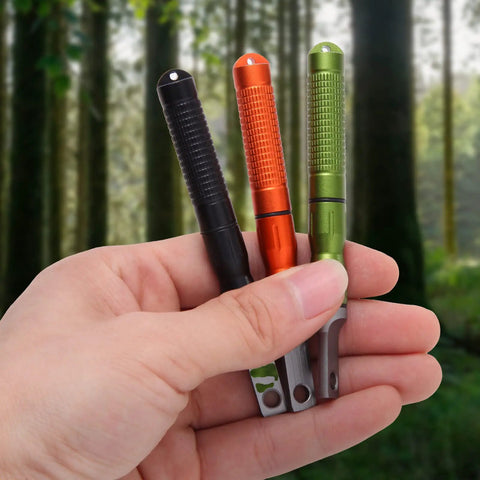 Hand holding three pack ferro rod fire starters with scraper striker, compact weatherproof survival flint sticks for EDC, camping, hiking.
