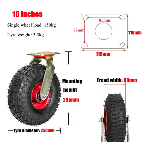 Heavy Duty Swivel Caster Wheels With Mounting Screws Pneumatic Rubber Tires Roll Super Smooth with 10 inch size and red accents.