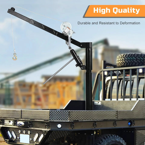 Garvee 1000-lb pickup truck crane with hydraulic hoist and winch installed on a diamond-plate truck bed.