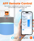 Smart WiFi Radar Level Sensor for Water Tank and Oil Tank, Tank Gauge With Automatic Alarm, Remote Monitoring Via Smart Life App, IP65 Waterproof Level Monitor for Home, Solar Power Setup, and Smart Home Systems displayed on a smartphone next to a tank.