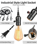 Plug In Pendant Light Kit With 1 To 4 E26 E27 Sockets showing rotary switches, US plug, and socket details for DIY lighting