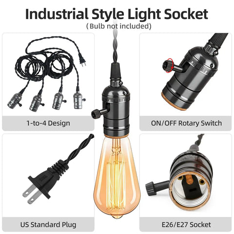 Plug In Pendant Light Kit With 1 To 4 E26 E27 Sockets showing rotary switches, US plug, and socket details for DIY lighting