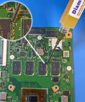 Applying FN231 Top Notch Pro Grade No Clean Soldering Flux Gel RMA ROL0 on PCB with syringe, close-up