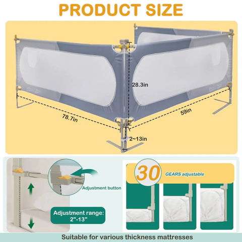 Toddler Bed Rail Guard For Kids Swing Down Safe Guard Rail Fits Queen And Full Size Beds Gray And White product dimensions