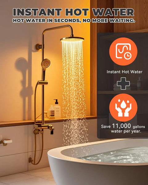 Hot Water On Tap Recirculation System For Tank Heaters With Adjustable 68 To 118 Degree Bypass Valve offering instant hot water shower.