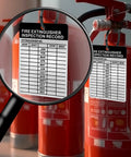 Metal Fire Extinguisher Inspection Tags 2026 2029 Aluminum Weatherproof 2.3 By 3 Inch with magnifying glass on red extinguisher
