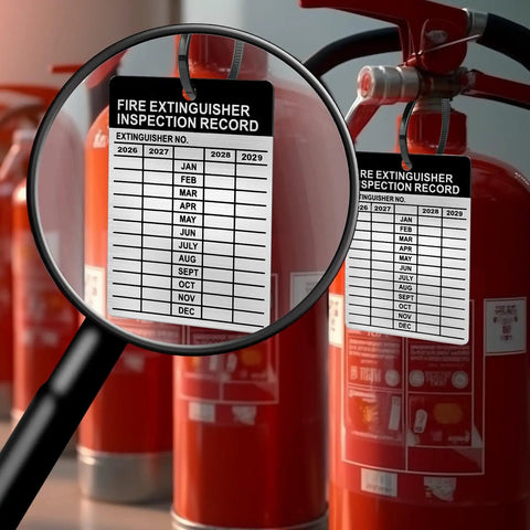 Metal Fire Extinguisher Inspection Tags 2026 2029 Aluminum Weatherproof 2.3 By 3 Inch with magnifying glass on red extinguisher
