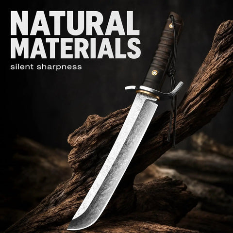 Fixed Blade Tanto Knife With Full Tang Build, Rugged Hunting And Bushcraft Knife on wooden log, ergonomic handle