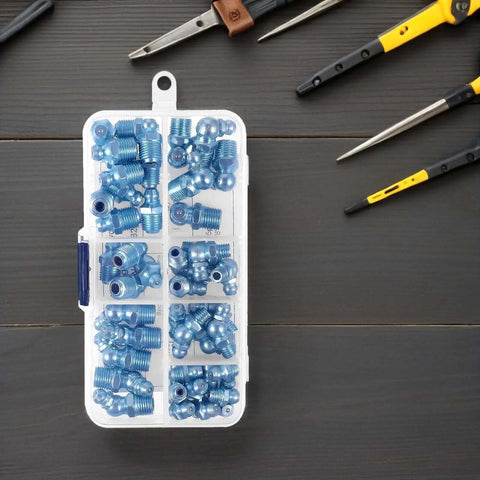 Get Your Factory Crew Hoppin' With This 100 Pc Sae Grease Fitting Kit Featuring Durable Galvanized Zerocks And Rapid Install For Heavy Machinery, Bearing Housings And Tough Mechanical Joints. 100-piece blue zinc grease fittings in organizer case