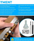 Guitar Tuner Drill Jig Made Of Stainless Steel For Pin Mount 6 In Line Machine Heads Easy Install Precise Hole Alignment Compatible With Fender Stratocaster Telecaster And Squier Electric Guitars showing fitment guide and components.