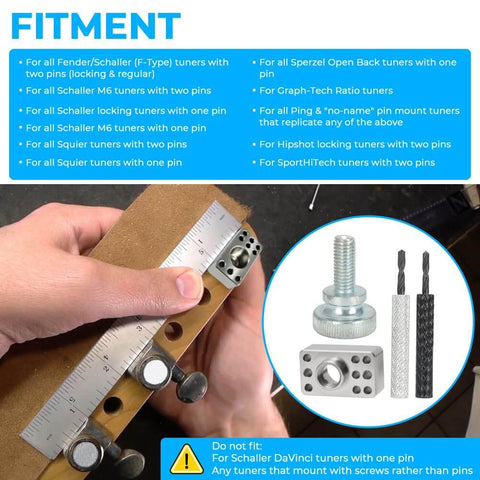 Guitar Tuner Drill Jig Made Of Stainless Steel For Pin Mount 6 In Line Machine Heads Easy Install Precise Hole Alignment Compatible With Fender Stratocaster Telecaster And Squier Electric Guitars showing fitment guide and components.