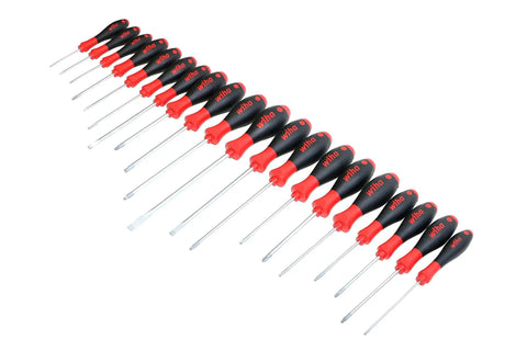 Pro 20 Piece Screwdriver Kit With SoftFinish Grip arranged in size order, red and black handles, includes slotted and Phillips bits.